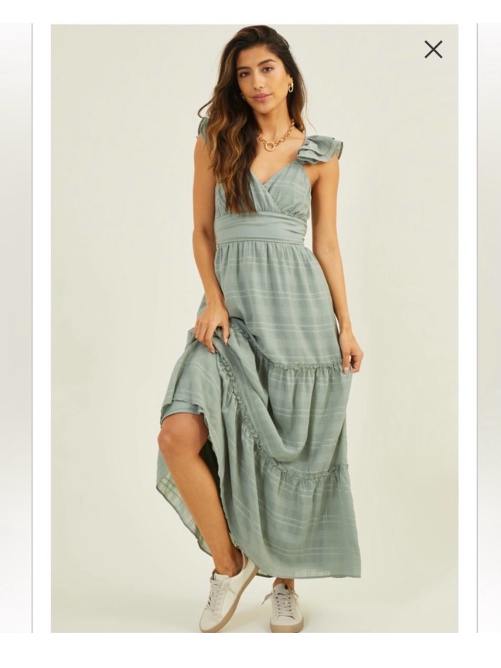 Altar'd State Sage Green Ruffle-Shoulder Maxi Dress